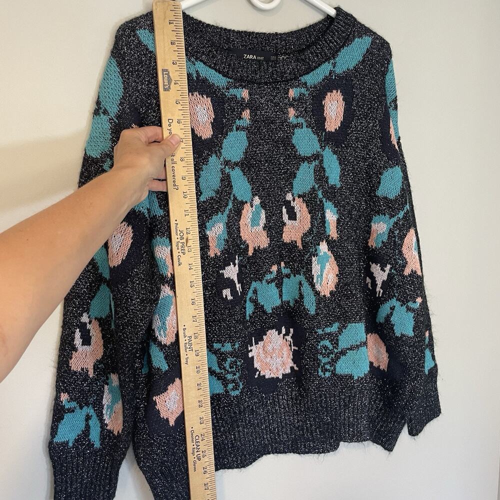 Zara Knit Floral Metallic‎ Oversized Sweater Women's Size S Shimmer Jacquard - Picture 4 of 8